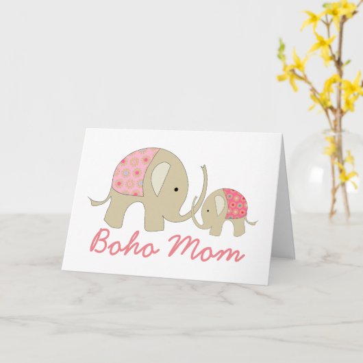 Boho Mam, Roze Elephant Kaart (Gele Bloem)