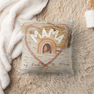 Boho Mama-tekst met maanveren en kinderennamen Kussen