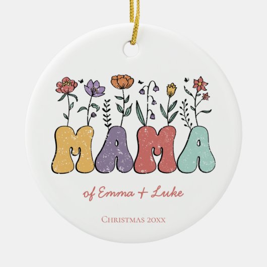 Boho Mama Tekst w / Bloemen en Kind Namen Kerst Keramisch Ornament (Voorkant)