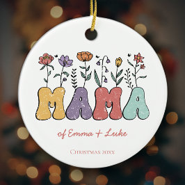 Boho Mama Tekst w / Bloemen en Kind Namen Kerst Keramisch Ornament