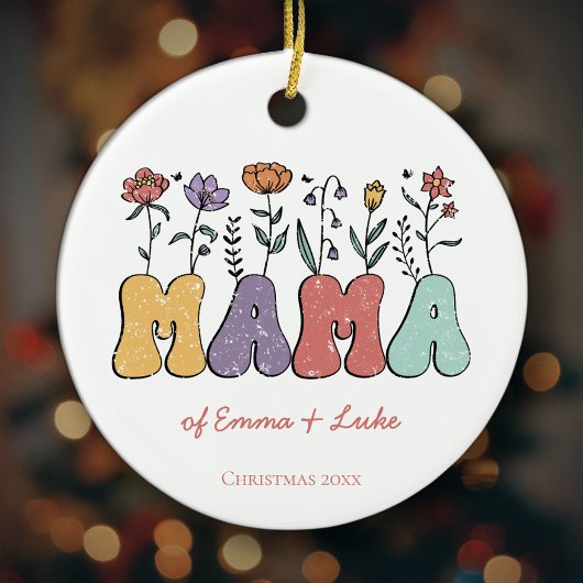 Boho Mama Tekst w / Bloemen en Kind Namen Kerst Keramisch Ornament