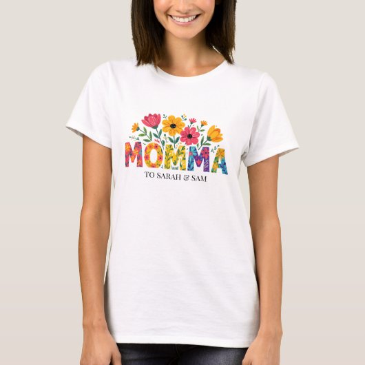 Boho Mama Text met Flowers en Kind Names T-shirt (Voorkant)