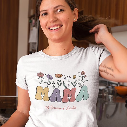 Boho Mama Text met Flowers en Kind Names T-shirt
