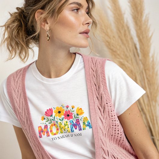 Boho Mama Text met Flowers en Kind Names T-shirt