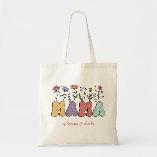Boho Mama Text met Flowers en Kind Names Tote Bag (Voorkant)