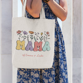Boho Mama Text met Flowers en Kind Names Tote Bag