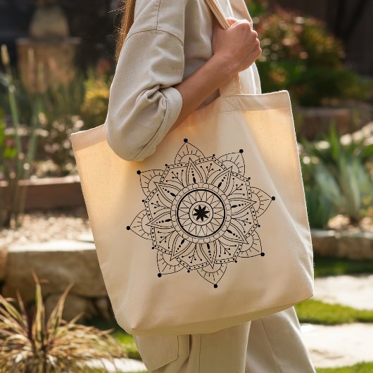 Boho Mandala Black Line Art Grote Tote Bag