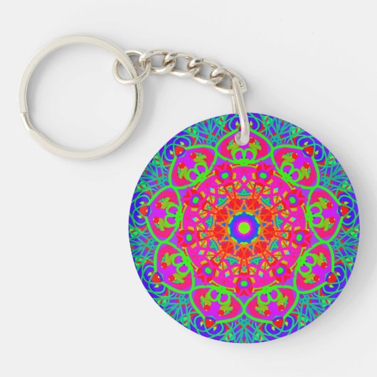 Boho Mandala Blauw Roze Tweezijdige Sleutelhanger (Voorkant)