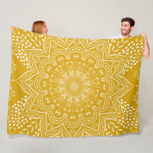 Boho Mandala Bright Mustard Yellow Fleece Deken