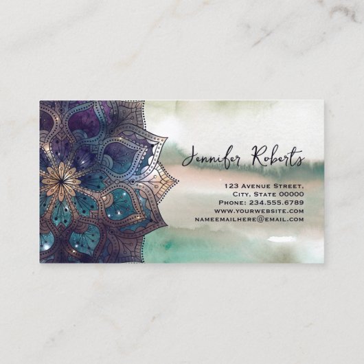 Boho Mandala Elegant Sage Green Grey Waterverf Visitekaartje (Achterkant)