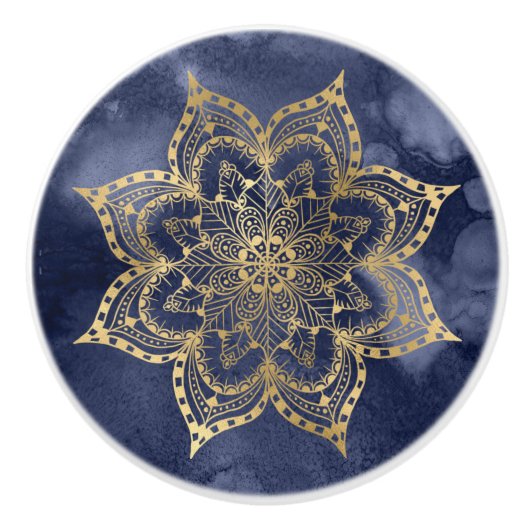 Boho Mandala Gold Navy Blue Ink Texture Keramische Knop (Voorkant)