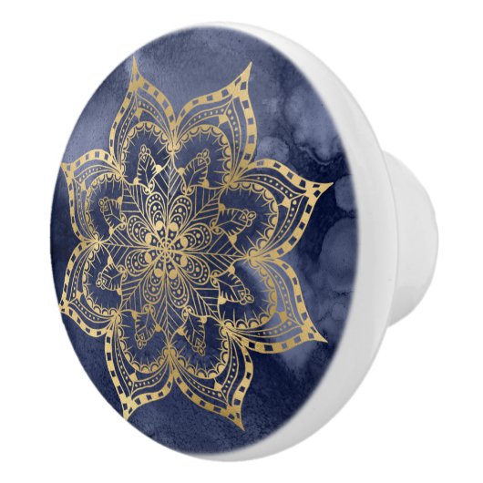 Boho Mandala Gold Navy Blue Ink Texture Keramische Knop (Rechts)