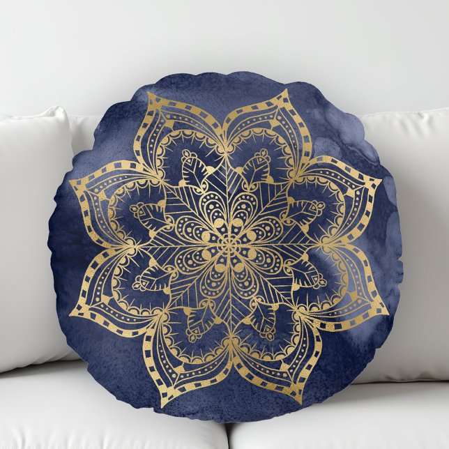 Boho Mandala Goud Navyblauw Inkt Textuur Rond Kussen (Creator heeft geüpload)