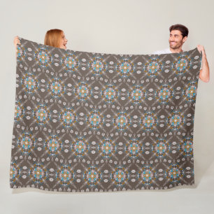 Boho Mandala Handgetekende Blauwe Bruine Kleurrijk Fleece Deken