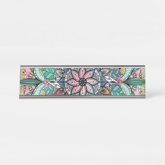 Boho Mandala Kleurrijke Waterverf Bloemen Bureau Naambordje (Voorkant)