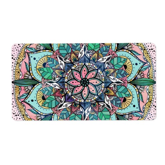 Boho Mandala Kleurrijke Waterverf Bloemen Etiket (Voorkant)