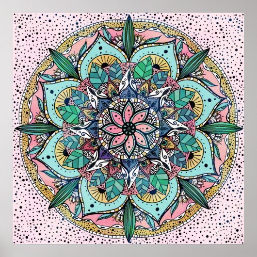 Boho Mandala Kleurrijke Waterverf Bloemen Poster (Voorkant)
