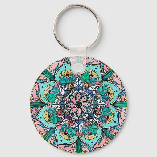 Boho Mandala Kleurrijke Waterverf Bloemen Sleutelhanger (Voorkant)