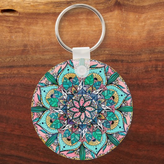 Boho Mandala Kleurrijke Waterverf Bloemen Sleutelhanger (Voorkant)