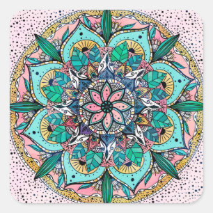 Boho Mandala Kleurrijke Waterverf Bloemen Vierkante Sticker