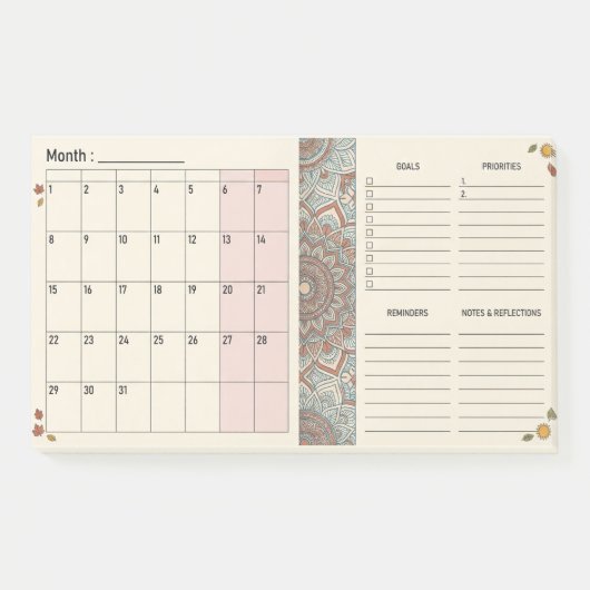 Boho Mandala Maandelijkse Planner Post-it® Notes (Voorkant)