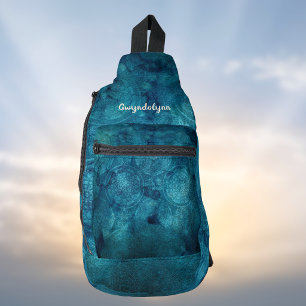Boho Mandala Marled Turquoise Blauw Groen Monogram Sling Bag
