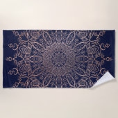 Boho Mandala Navy Blue Roos Gold Flower Strandlaken (Voorkant)