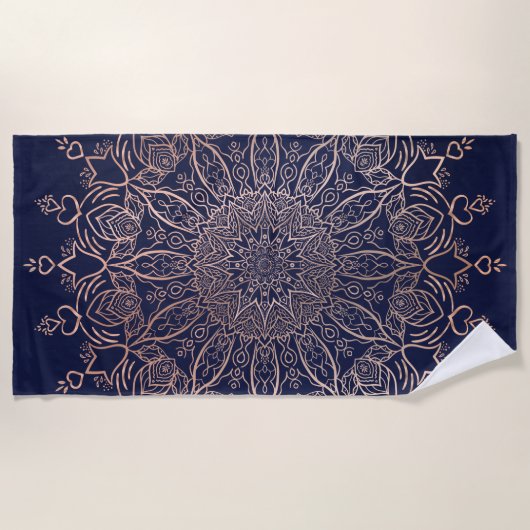 Boho Mandala Navy Blue Roos Gold Flower Strandlaken (Voorkant)