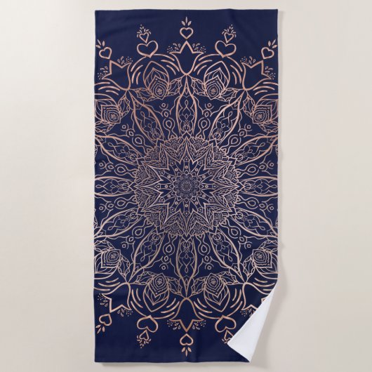 Boho Mandala Navy Blue Roos Gold Flower Strandlaken (Voorkant)