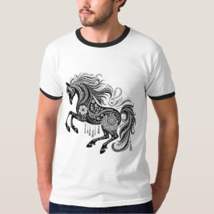 Boho Mandala Paard Sierlijke Bloemrijke Lijn Kunst T-shirt