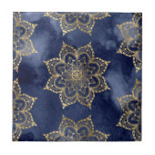 Boho Mandala Pattern Gold Navy Blue Ink Texture Tegeltje (Voorkant)