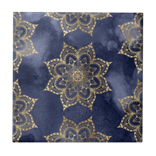 Boho Mandala Pattern Gold Navy Blue Ink Texture Tegeltje (Voorkant)