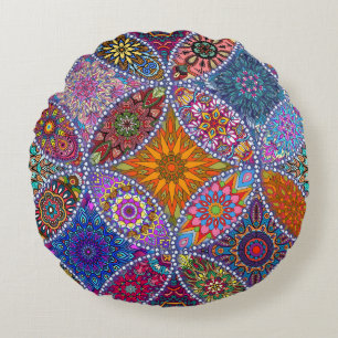 Boho Mandala Quilt Pattern Colorful Hippie Style Rond Kussen