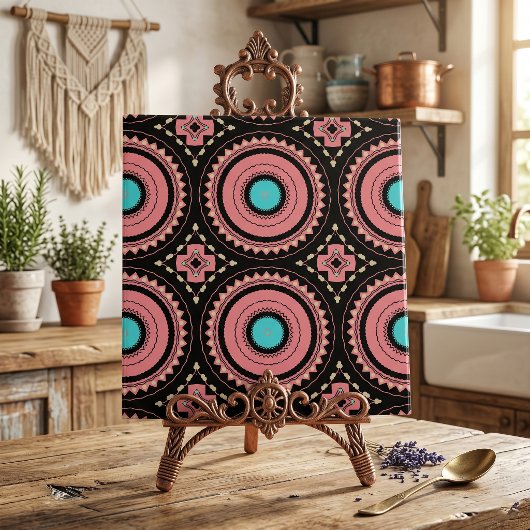 Boho Mandala Roze Turquoise Zwart Geometrisch Moza Tegeltje