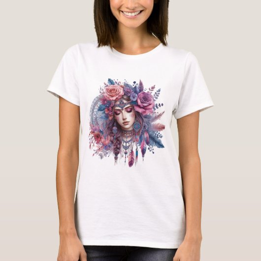 Boho Mandala T-Shirt – Floral Feathers  (Voorkant)