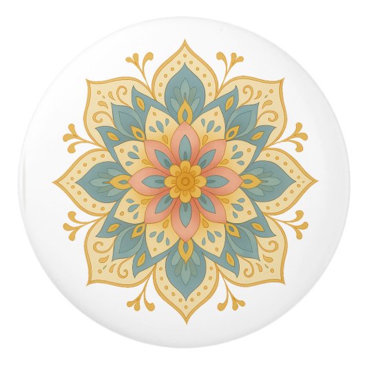 Boho Mandala Teal Blush & Goud Keramische Knop Tre (Voorkant)
