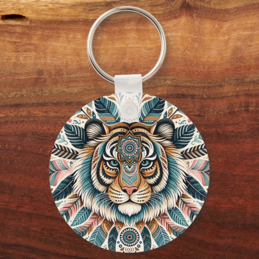 Boho mandala tijger veren vrouw sleutelhanger (Voorkant)