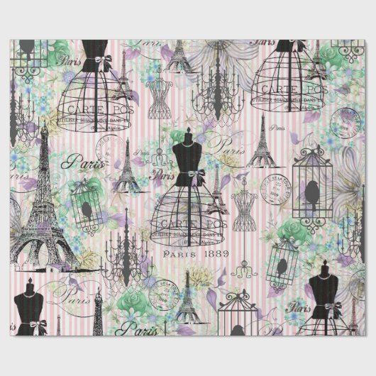 Boho manequim zwart roze rozen bloemig cadeaupapier (Vlak)