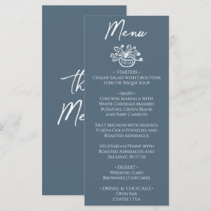 Boho Marina Blauwe Handgetekende Bloemige Bruiloft Menu