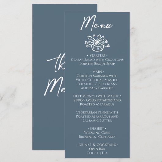 Boho Marina Blauwe Handgetekende Bloemige Bruiloft Menu (Voorkant / Achterkant)