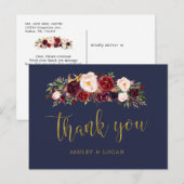 Boho marine en gouden bloemenbruiloft dank u briefkaart (Voorkant / Achterkant)