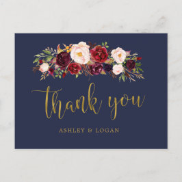 Boho marine en gouden bloemenbruiloft dank u briefkaart