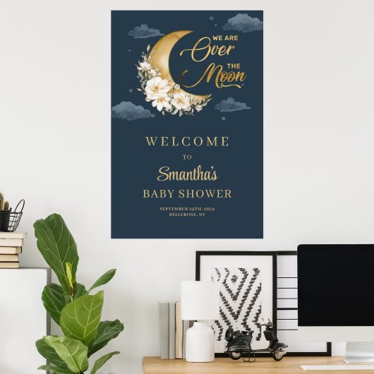 Boho marine en gouden maan bloemig Baby shower Wel Poster (Thuiskantoor)
