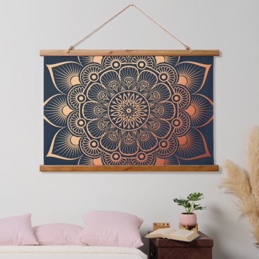 Boho marineblauw perzik mandala hout afgedekt hangend wandkleed (Slaapkamer)
