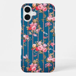 Boho marineblauw roze bloemige roos gouden strepen iPhone 16 plus hoesje