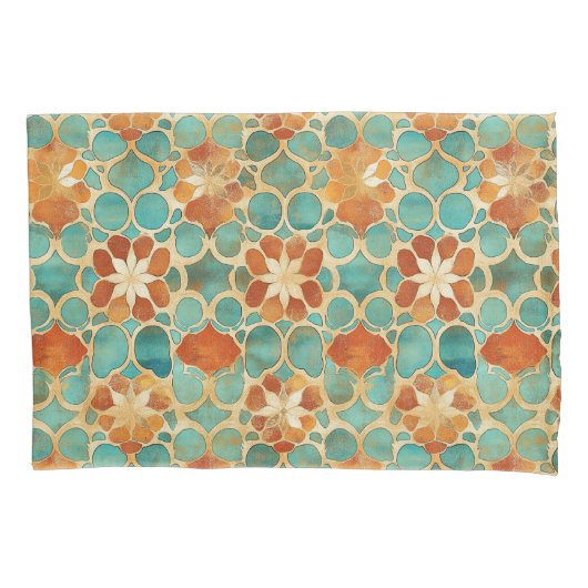 Boho Marokkaans Turquoise en Terracotta Bloemmotie Kussensloop (Voorkant)