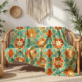 Boho Marokkaanse Turquoise en Terracotta Bloemen Fleece Deken