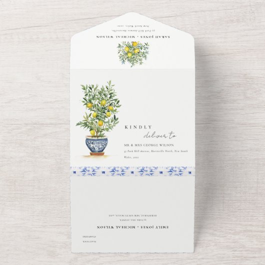 Boho Marokkaanse Waterverf Gele Citroenboom Bruilo All In One Uitnodiging (Buitenkant)