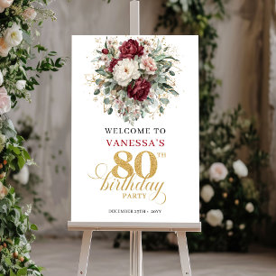 Boho Maroon Bloemen 80e Verjaardag Welkomstposter Poster