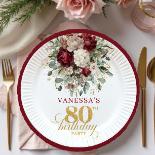 Boho Maroon Bloemen Goud 80ste Verjaardag Papieren Bordje